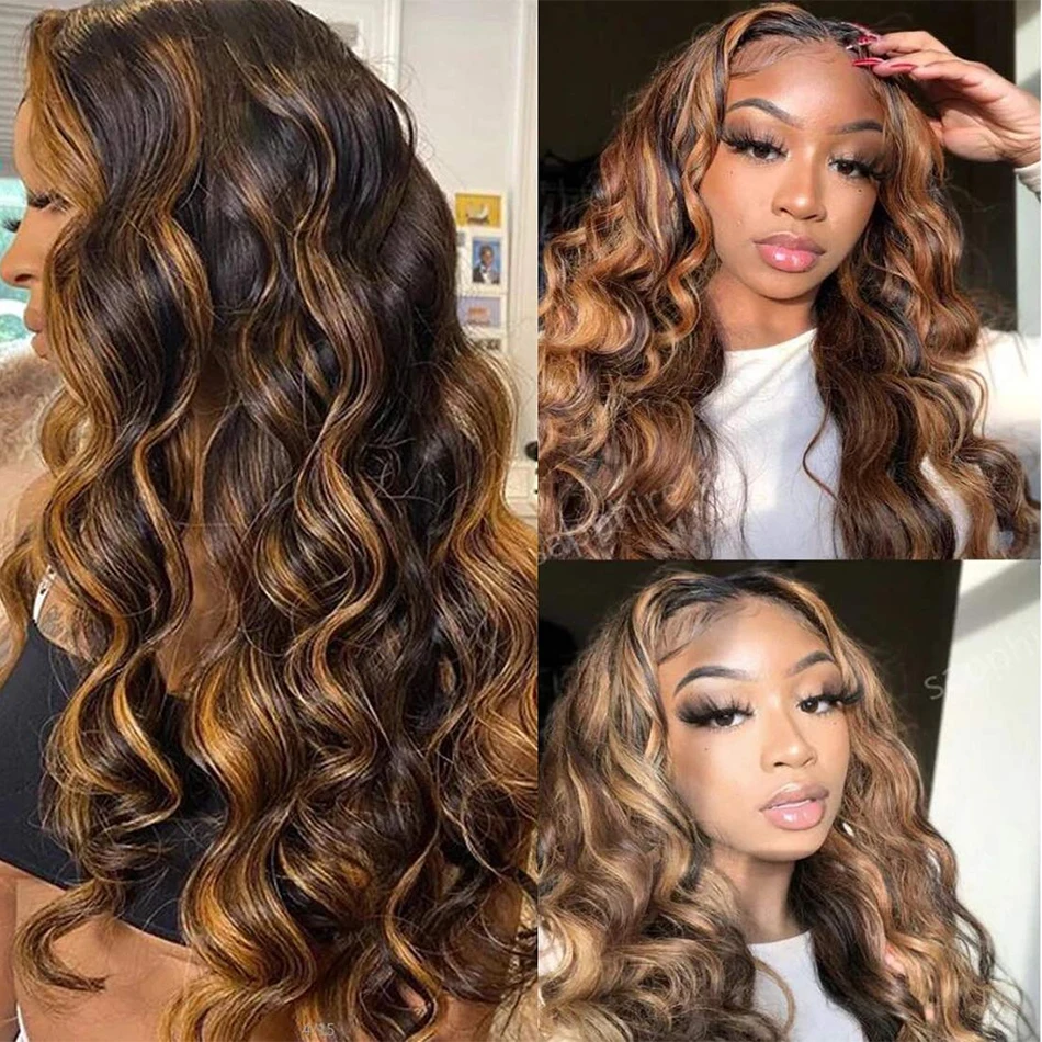 Brown Highlight Body Wave Human Hair Weave Bundles Deal Brazilian Virgin Hair Ombre Blonde Human Hair Wavy Sew in Piano Color 6
