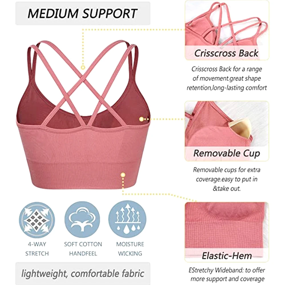 1PC Cross Back Sports Bra for Women – Padded Yoga Bralette w/Criss Cross Straps – Low Impact Workout Top for Gym,Running,Pilates