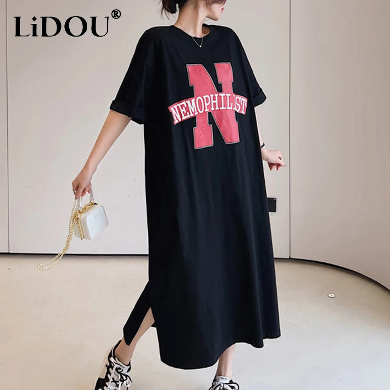 

2023 Summer Solid Color Round Neck Short Sleeve Tshirt Dress Women Letter Printing Loose Casual Midi Dresses Korean Style Robe