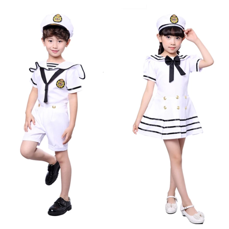 

Kids Costumes for Navy Sailor Uniform Halloween Cosplay Girls Party Performance Boys Marines Fleet Clothing with Hat cosplay