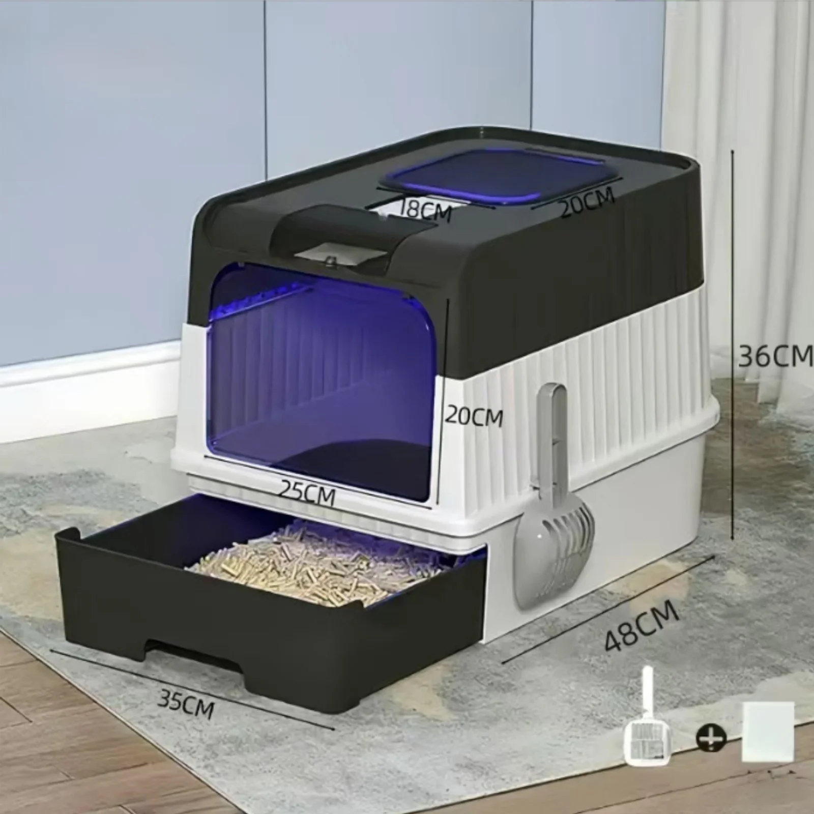 Kueta dla kota z funkcją sterylizacji UV, duża kueta dla kota z pokrywą, kontrola zapachów, zamknięta kueta z łopatką i szufladą