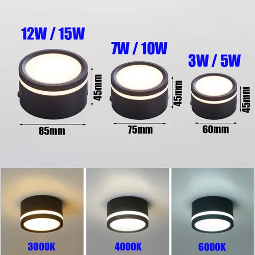 표면 장착 조광 가능 LED 다운라이트 5W 7W 10W 12W 15W 천장 스포트라이트 AC85 ~ 265V, 집 조명 주방 복도 상점 2