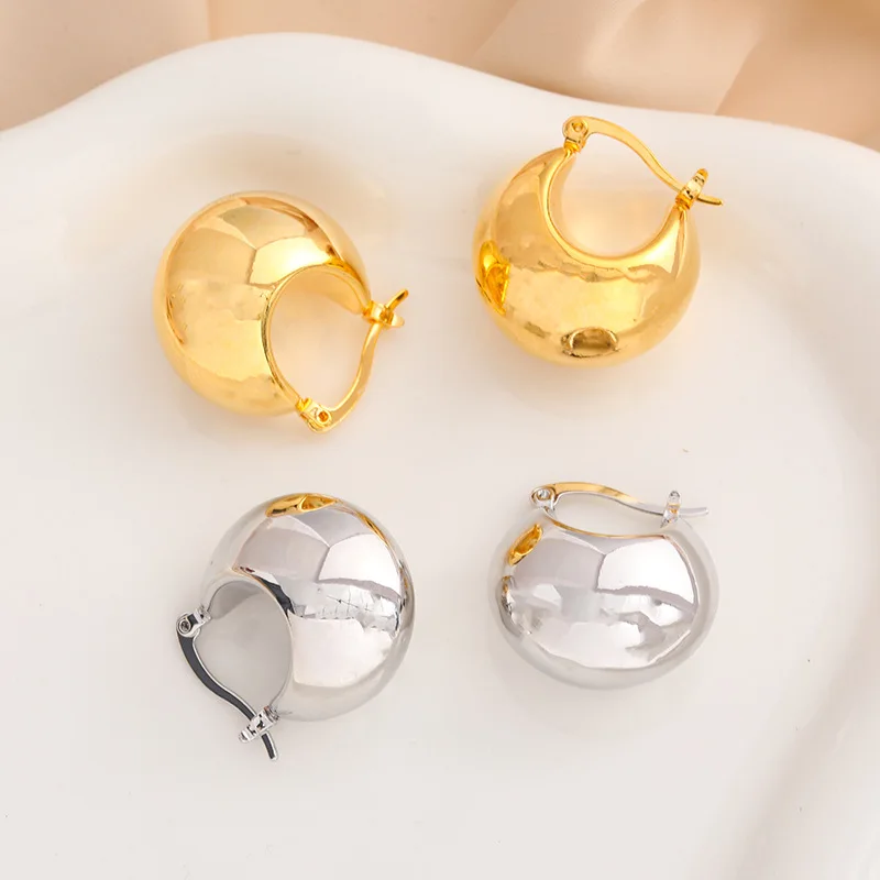 

Vintage Smooth Gold Plated Chunky Dome Hoop Earrings for Women Punk Style Moon Earrings Lightweight Jewelry Gifts