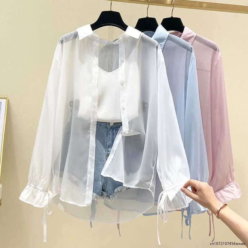 

Shirts Women Sun-proof Thin Summer Transparent Fashion Casual Retro Sweet Cool Streetwear Holiday All-match Beach Young