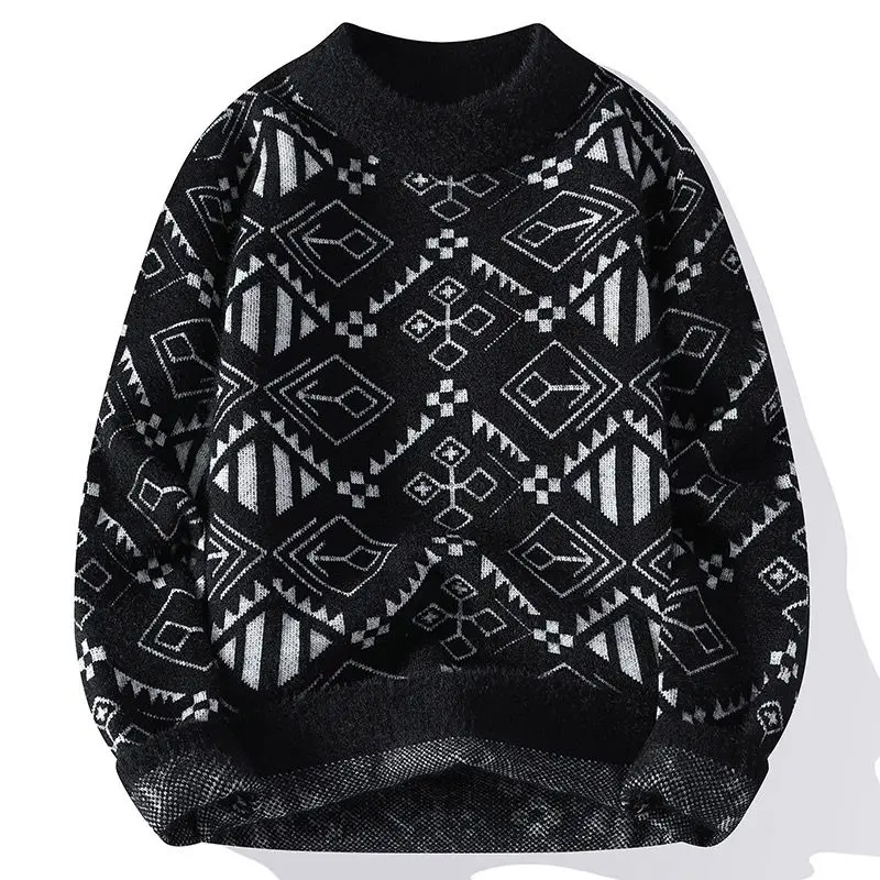 Men's Autumn Winter New Korean Slim Trendy Sweater Round Neck Standard Bottom Printed Long Sleeved Pullover Casual Knitted Tops