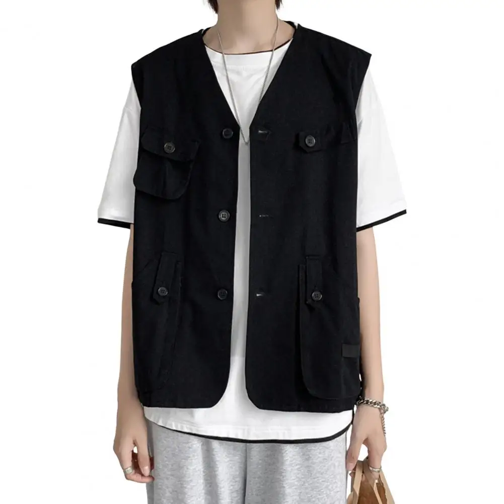 

Men Cargo Waistcoat Men's Casual Collarless Sleeveless Waistcoat with Multi Pockets Buttons Closure Thin Style Solid Color