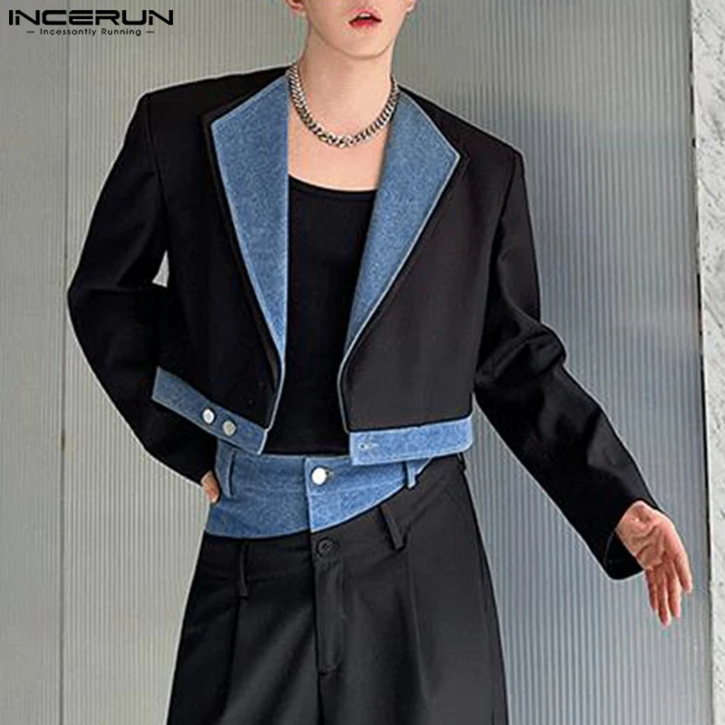 INCERUN Clothing Fashion New Men's Contrast Denim Splicing Short Suit Coats Casual All-match Male Loose Long Sleeved Blazer