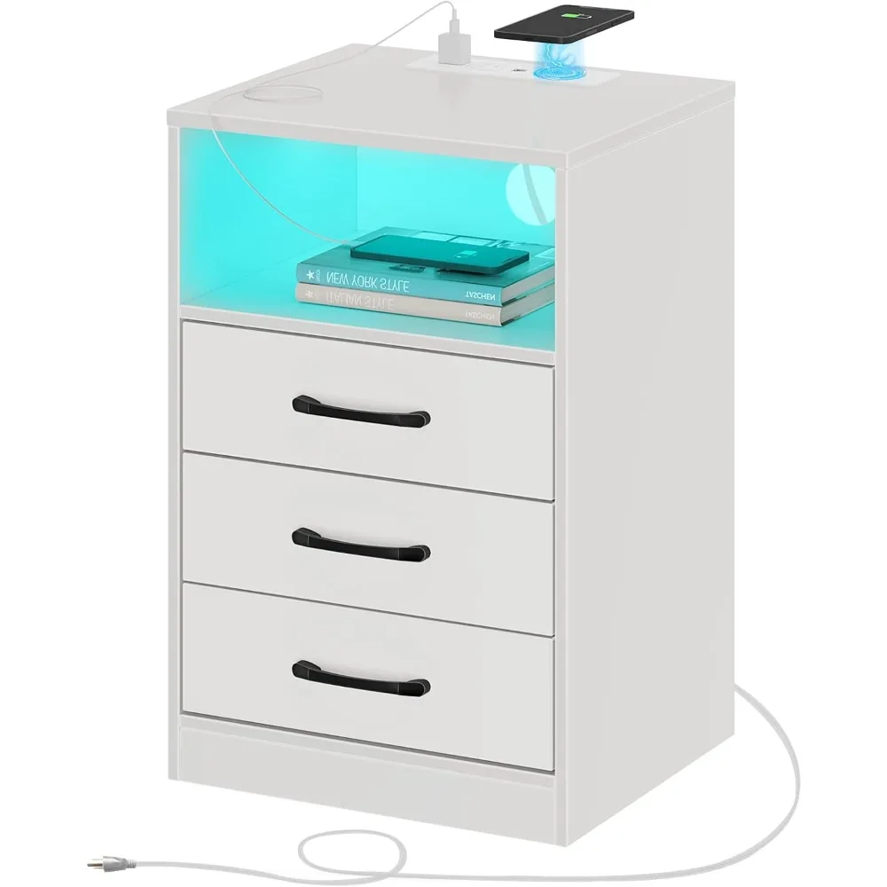 Nightstand with Wireless Charging Station and LED Lights, Modern End Side Table