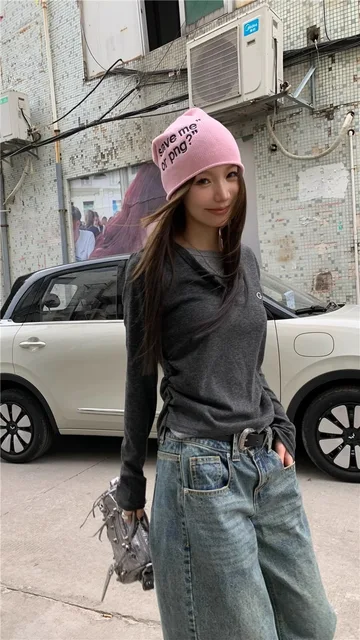 Women's T-shirt fake two piece long sleeved T-shirt for autumn and winter slim fit and slimming bottom top retro bottom top 3