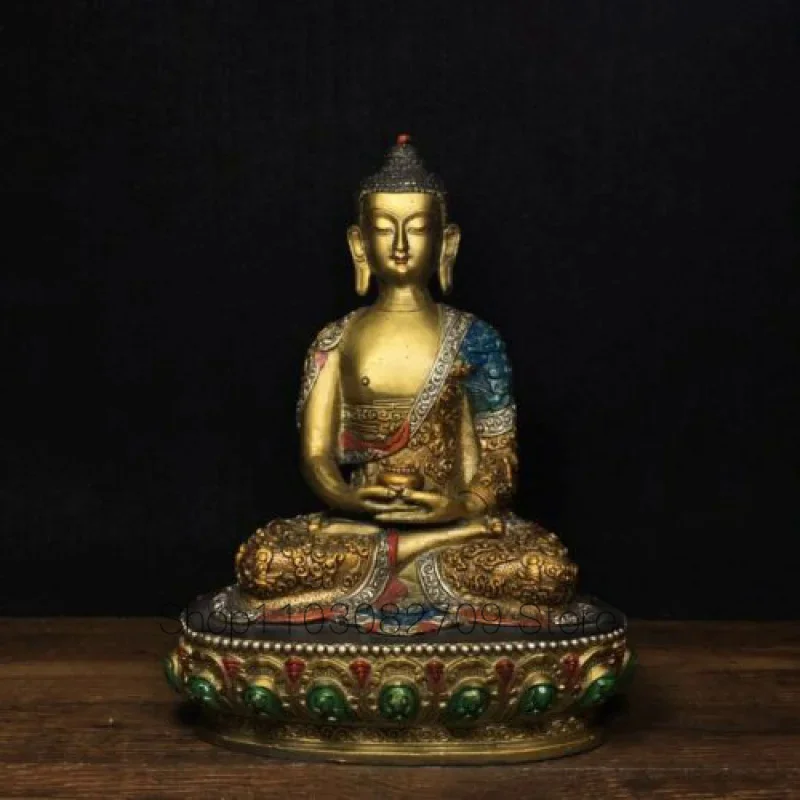 

8.8" old temple tibet dynasty bronze gilt Color painting Shakya Muni statue