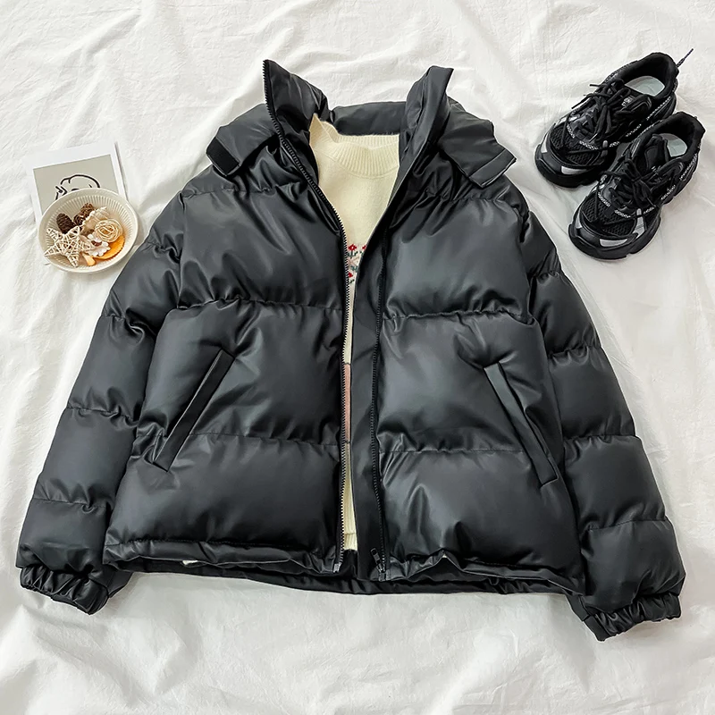 

2023 Winter Jacket Women Black Loose Warm Couple Hooded Coats Harajuku Zipper-pocket Streetwear Popular Wind-proof Outwears