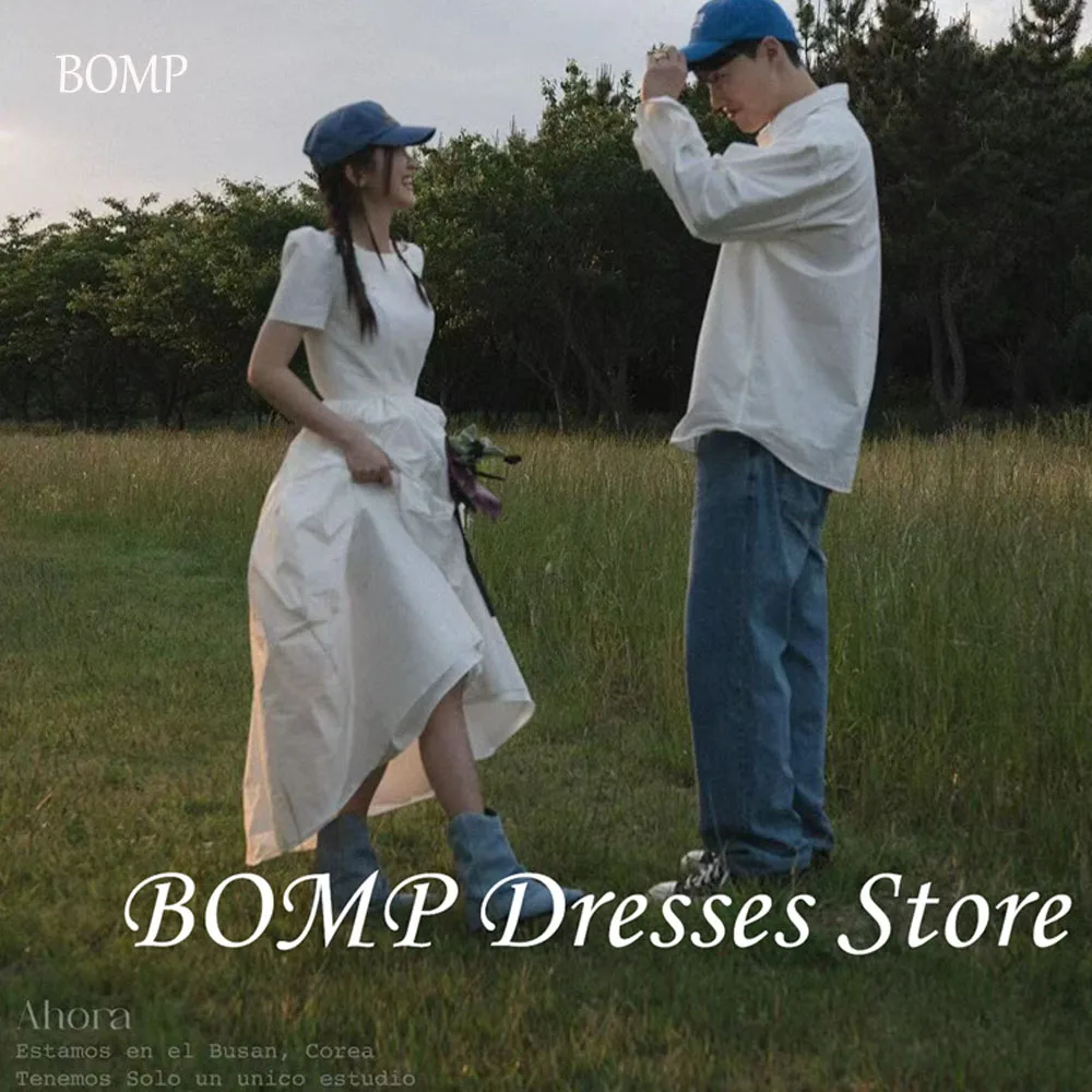 BOMP A Line Taffeta Wedding Dresses Korea Photo shoot Short Sleeves Floor Length Bridal Gowns Corset Back Customized