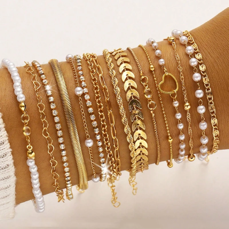 Ensemble de bracelets minimalistes en forme de cœur et de perles pour femmes, 16 pièces, chaîne serpent en strass, élégant, couleur or, Dates, vacances, usage quotidien, bijoux - AliExpress