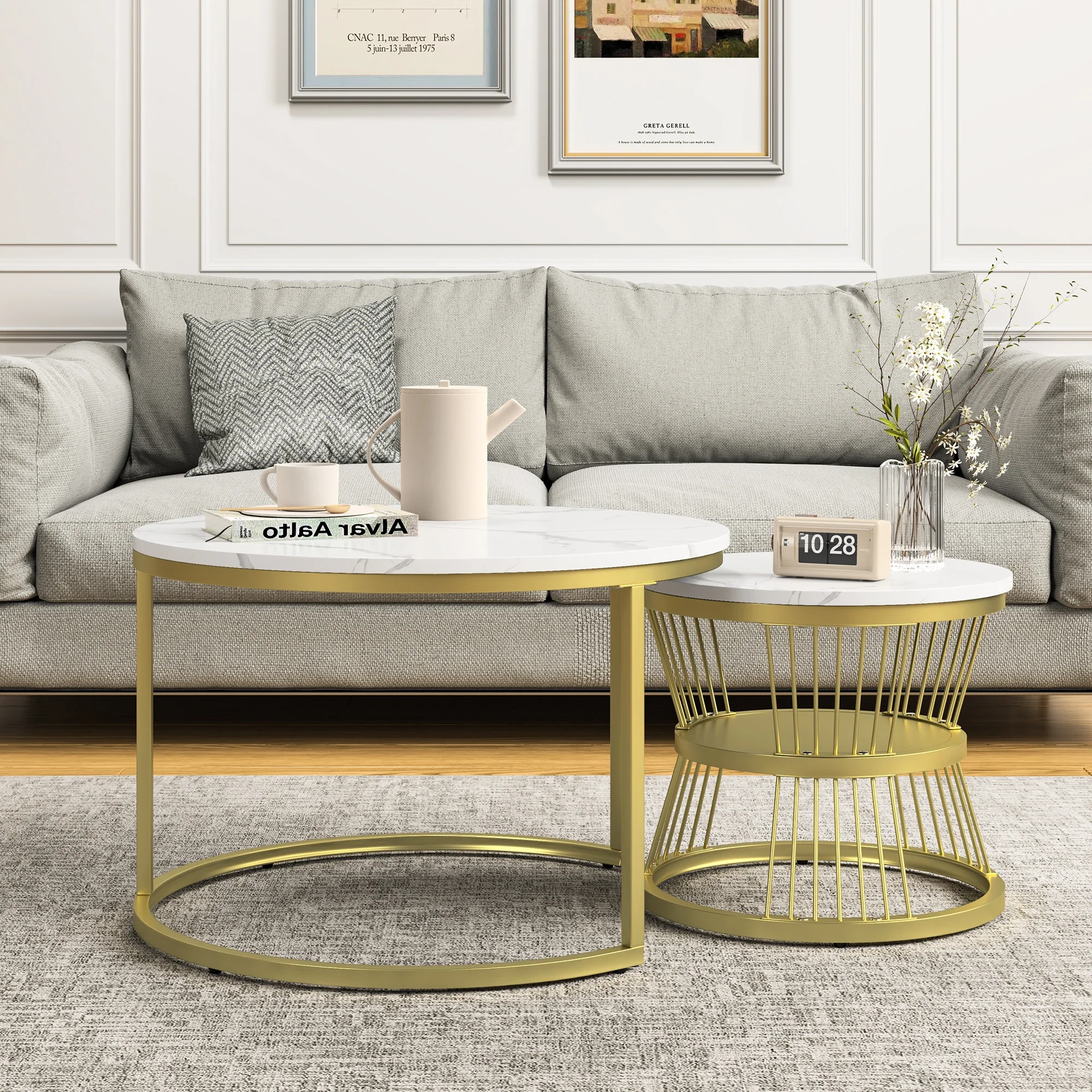 Rosahqnda Marble Look Coffee Table,Round Gold/Black Frame,Set of 2,Modern Living Room Stackable Table,Side Table for Living Room