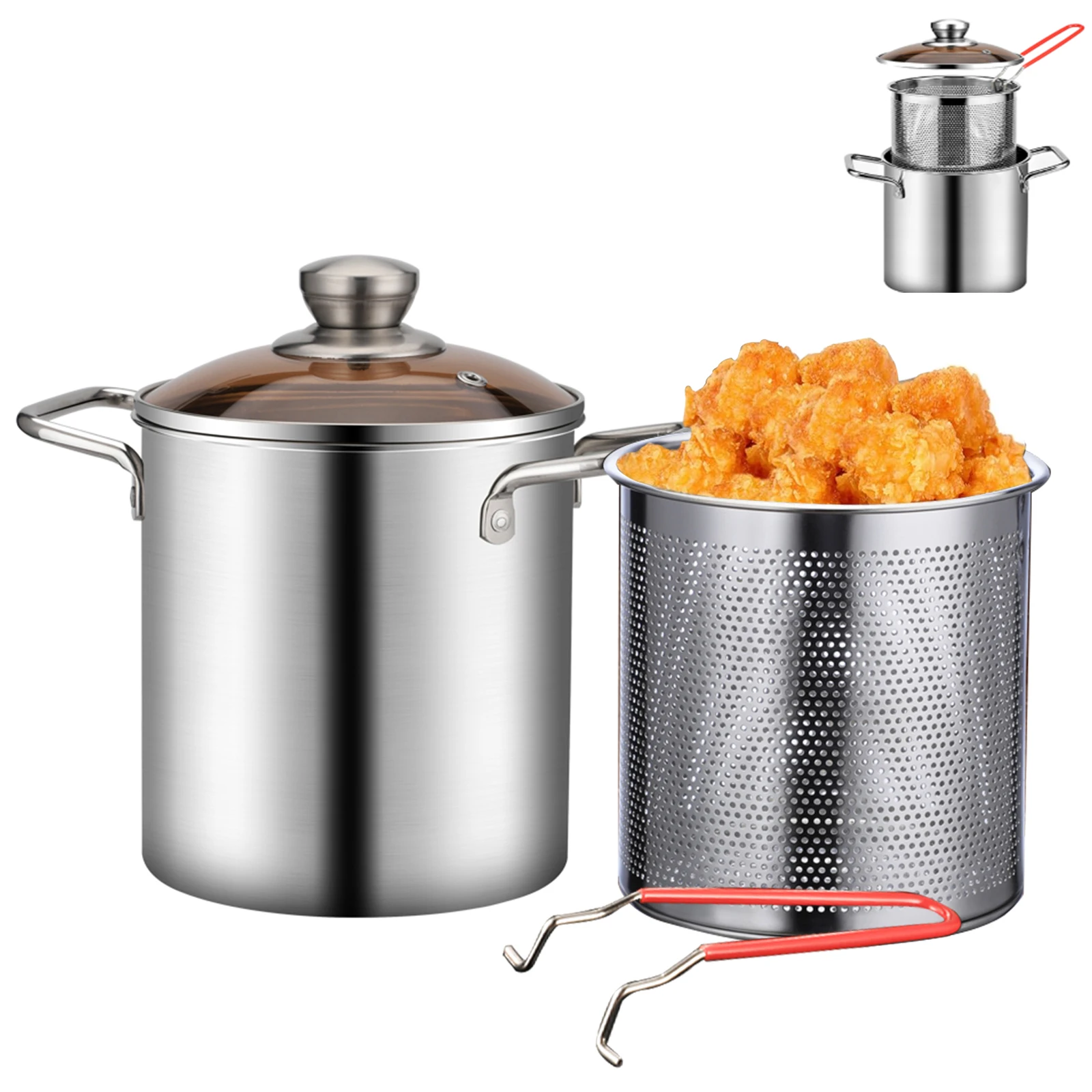 Stainless Steel Deep Frying Pot with Basket and Lid - Food Grade Fryer