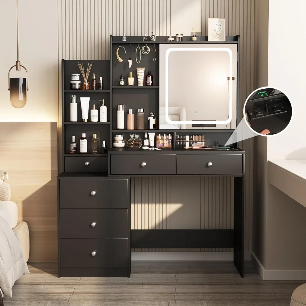 Vanity Desk with Mirror and Lights,Makeup Vanity with 6 Drawers and Shelves,Vanity Table Power Outlet,Makeup Desk