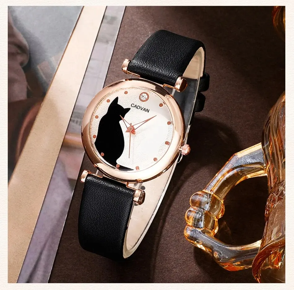 S7d038b3a3f5c46f3aae897a4f4a70ce21 6PCS Set Women Fashion Quartz Watch Female Clock Cute Cat Dial Luxury Brand Design Ladies Leather Wrist Watch Montre Femme Mallzona
