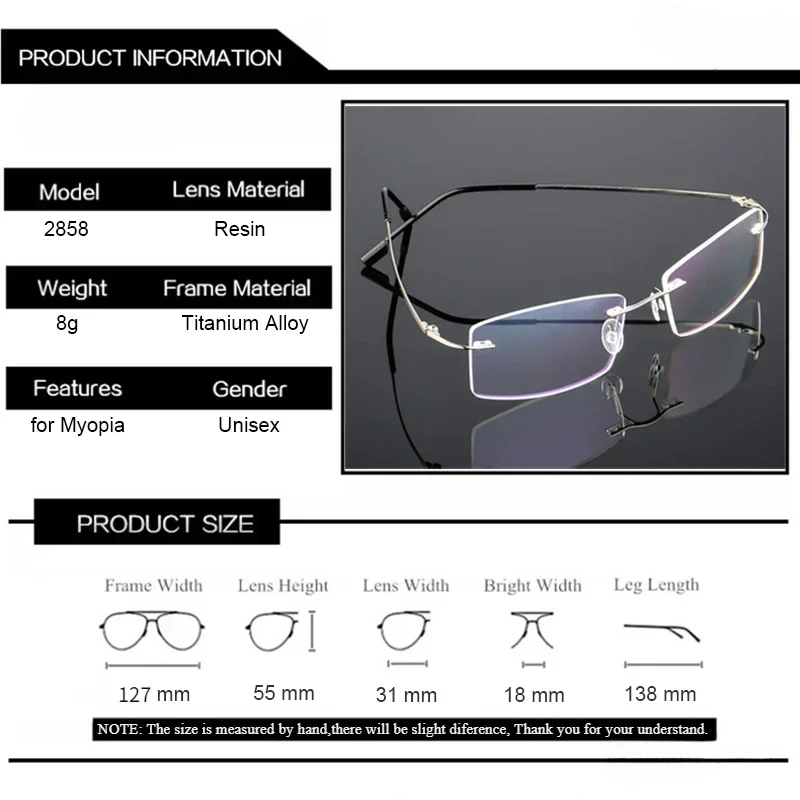 Business Ultra Light Titanium Alloy Super Elastic Metal Danyang Eyeglass Frame Myopia Frameless Glasses Frame Square Glasses