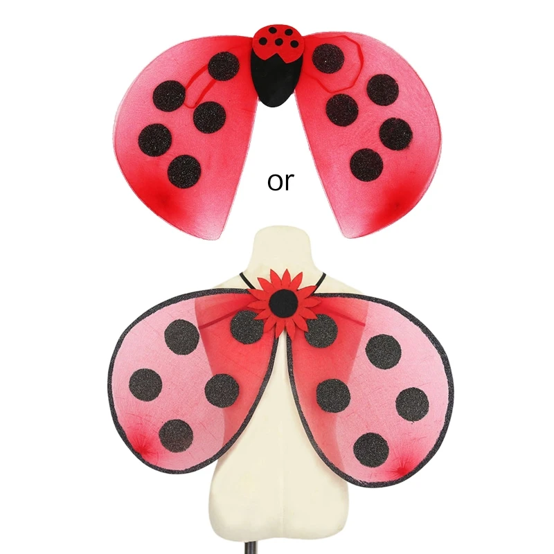 

Fairy Wings Fancy Dress Costume Red Gillters Ladybird Wings Halloween Insect Theme Cosplay Accessories for Kids Adult