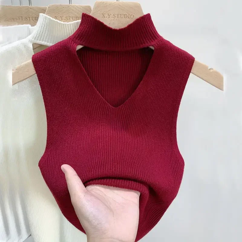 

Out Half High Neckline Knitted Small Camisole Vest for Women's Fit and Versatile Sweater Sleeveless Strapless Short Tops Z171