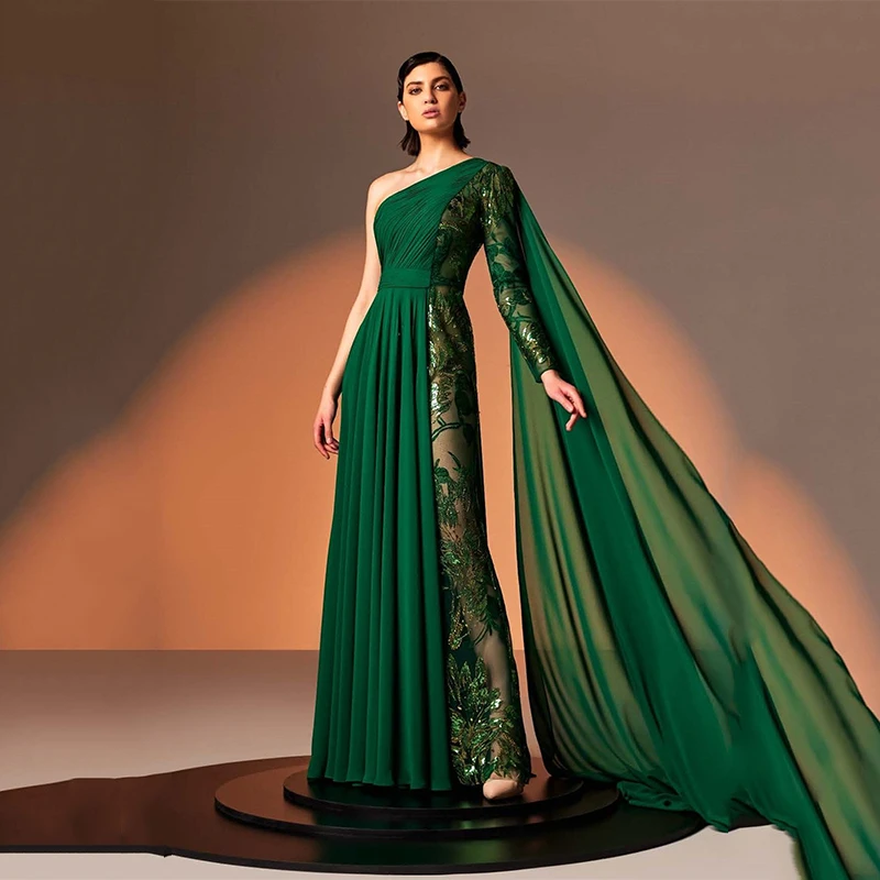 

UZN Chic Green A-Line Evening Dresses One-Shoulder Chiffon Sequined Prom Gowns Saudi Arabia Party Dress New Arrive 2023