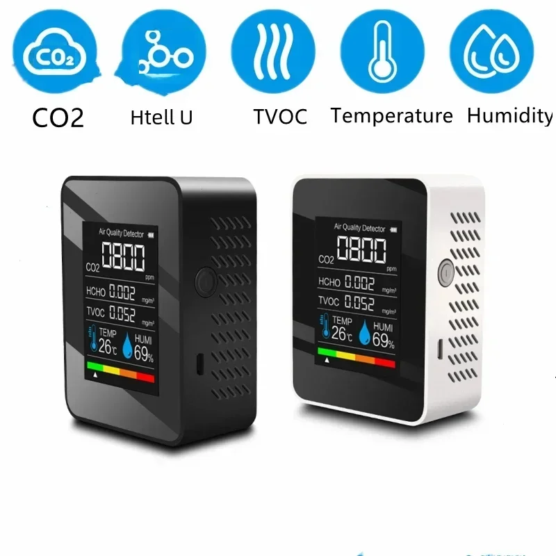 Air Quality Monitor 5 In 1 Digital Air Quality Detector CO2 HCHO TVOC Temperature Humidity Monitor Tester Carbon Dioxide LCD Rechargeable Detector