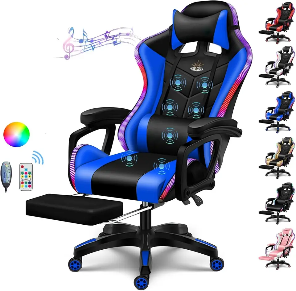 Gaming Chair Goplus Massage With RGB Light, Reclining Backrest