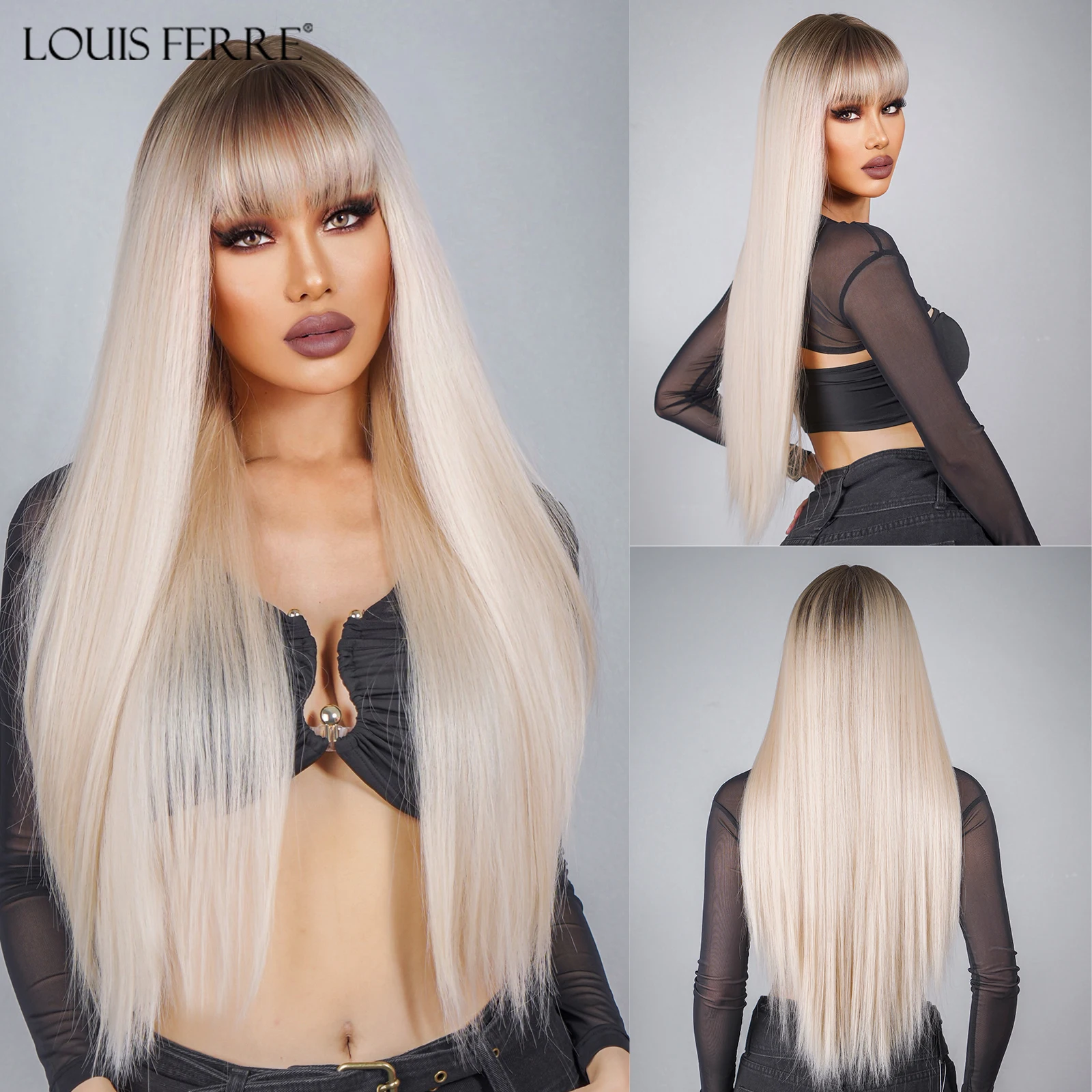 Louis Ferre Light Blonde Capelli Sintetici Lunghi Lisci Marrone Platino Ombre Parrucca Per Le Donne Quotidiano Cosplay Capelli Naturali Con Frangia