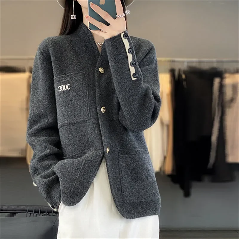 2024 Aautumn And Winter New Blend Wool Sweater Women's Cardigan Stand Collar Thick Versatile Solid Color Knitted Jacket Camel