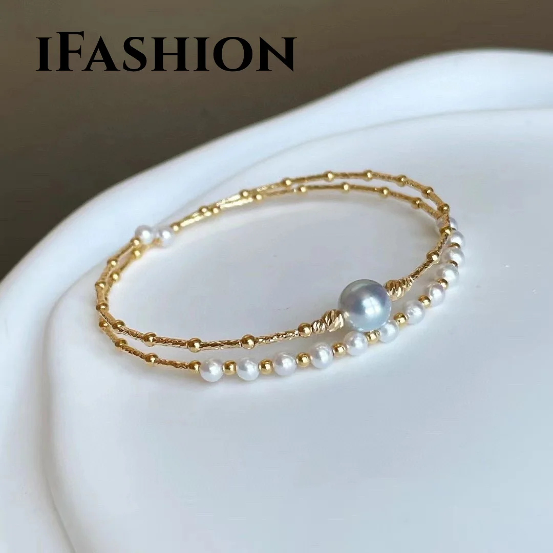 

IFASHION Bracelet Chain Natural Sea Pearl Akoya 18K Solid Yellow Gold (AU750)Italian Craft Imported Chain Women Fine Jewelry