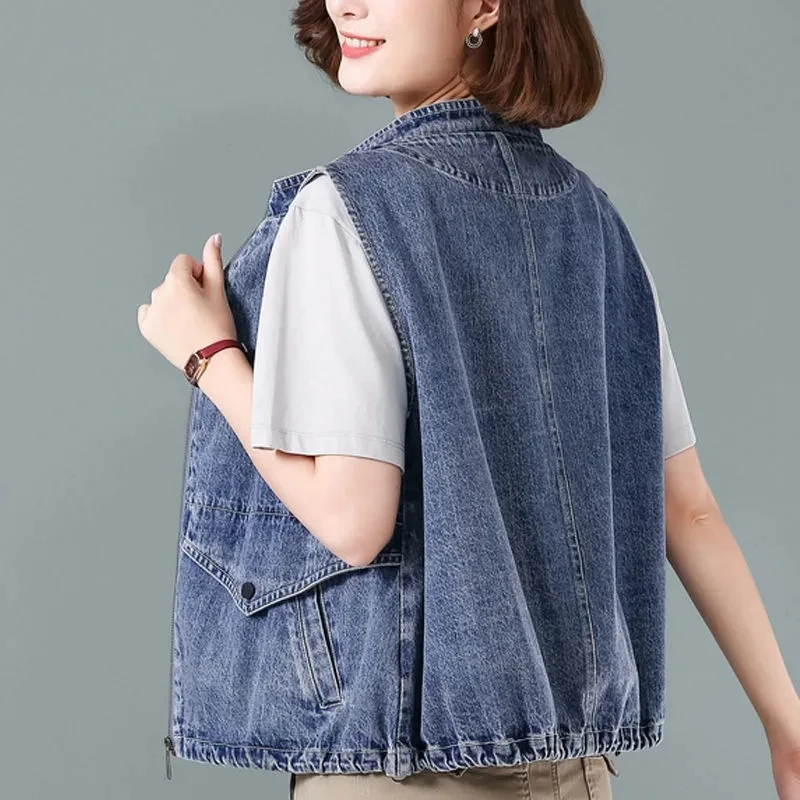 

Denim Zipper Vest Jacket Women's Spring Autumn All-match Loose Sleeveless Coat Korean Short Jeans Outwear Waistcoat Casual Tops