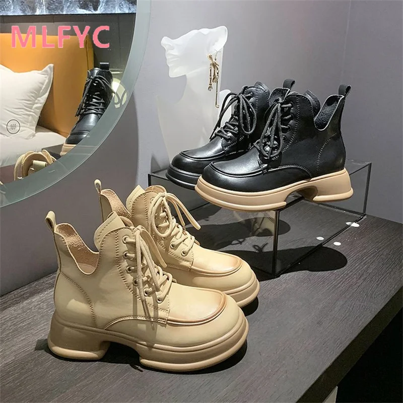 Thick Heel Thick Sole Short Boots for ladies Spring and Autumn New Fashion British Style Lace up Boots for Women's Short Boots