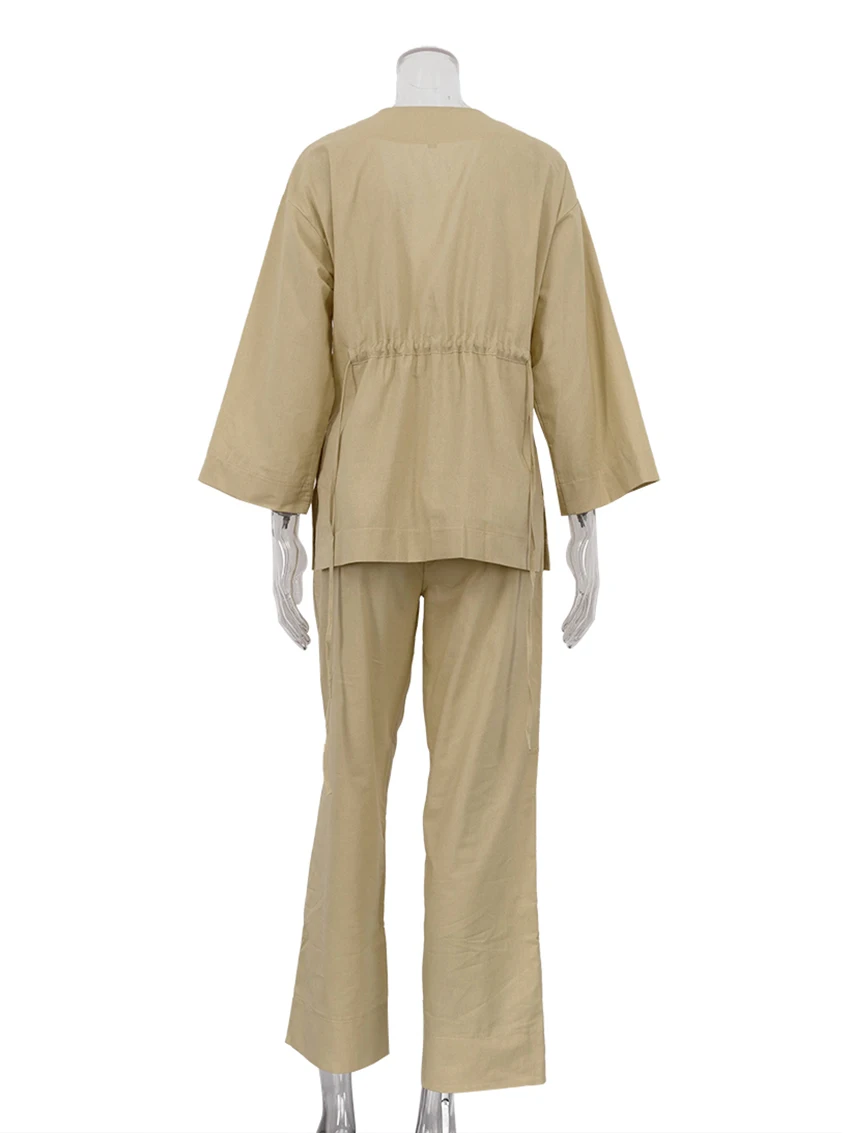 Marthaqiqi Casual Female Sleepwear Suits Sexy V-Neck Pajamas Long Sleeve Nightgowns Lace Up Nightwear Pants Nightie 2 Piece Set