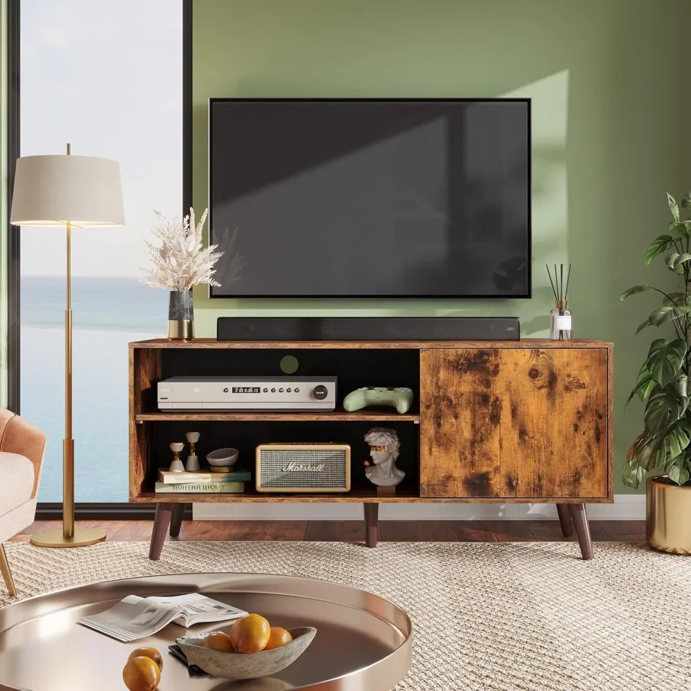 

Mid century modern TV stand suitable for 55 inch TVs, entertainment center TV cabinet with storage space, retro brown