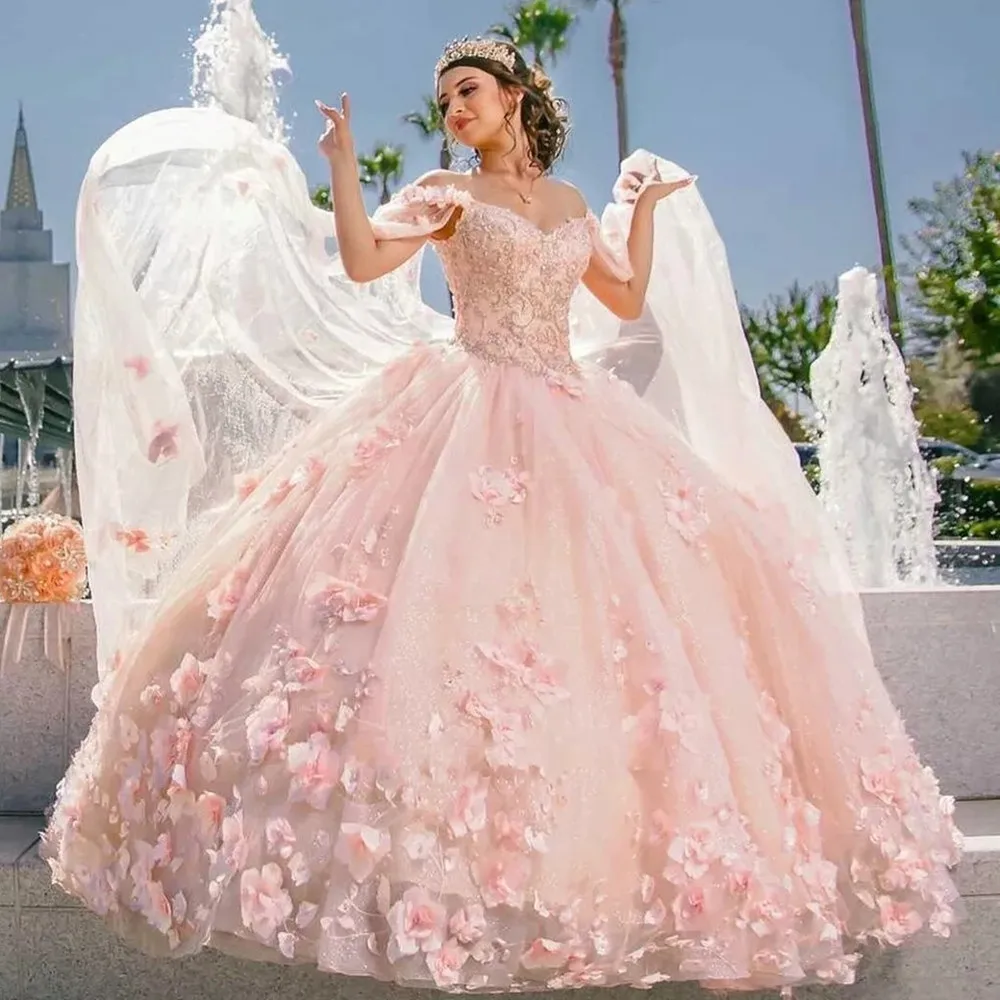 Pink Handmade Flowers Ball Gown Quinceanera Dresses With Cape Off The  Shoulder Appliques Lace Vestido De 15 Anos Sweet 16 - Quinceanera Dresses -  AliExpress