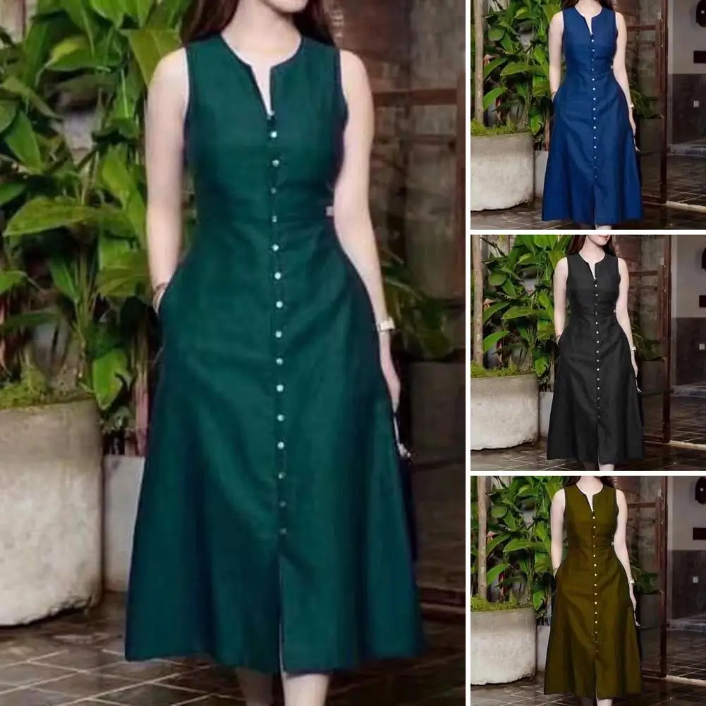 Women Solid Color Dress Elegant V-neck Midi Dress with Button Details Pockets Sleeveless A-line Summer Dress for Women Stylish