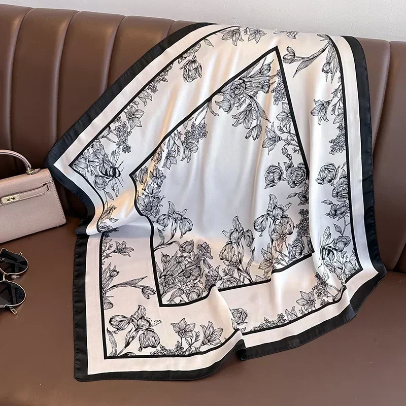 Spring and Autumn Women's 70cm Printed Silk-Feel Square Scarf