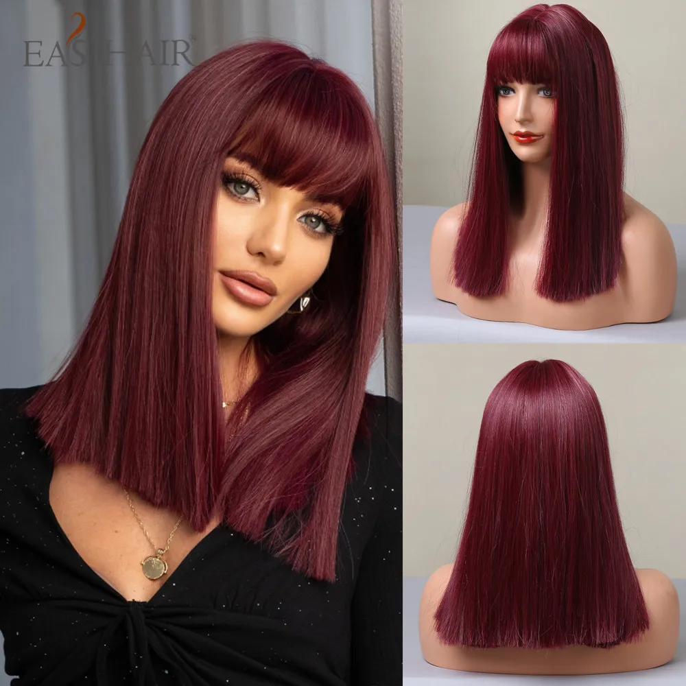 EASIHAIR Straight Synthetic Wigs with Bang Wine Red Women's Wig Medium Burgundy Hair Wigs for Women Heat Resistant Color Wigs