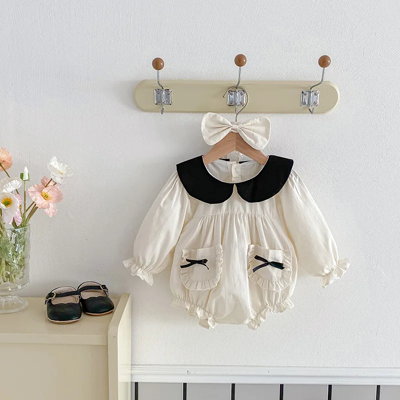 green emerald velvet dress Autumn Baby Girls Northern Europe Style Flowers Embroidered Pattern Long-Sleeved Bodysuit and Dress – Princess Sister Matching Set 66 (3-6m) / Beige main image 1