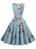 Tonval élégant années 50 Robe rétro vêtements Pinup été Robe florale col rond sans manches femmes coton Vintage imprimé robes