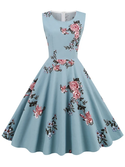 Tonval élégant années 50 Robe rétro vêtements Pinup été Robe florale col rond sans manches femmes coton Vintage imprimé robes