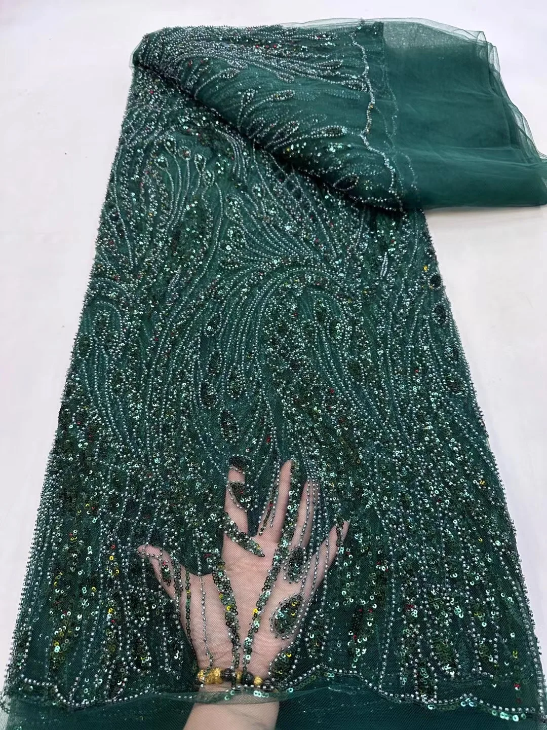 

Green African Handmade Embroidery Sequins Lace Fabric High Quality French Beaded Tulle Lace Fabric For Celebration Party Dresses