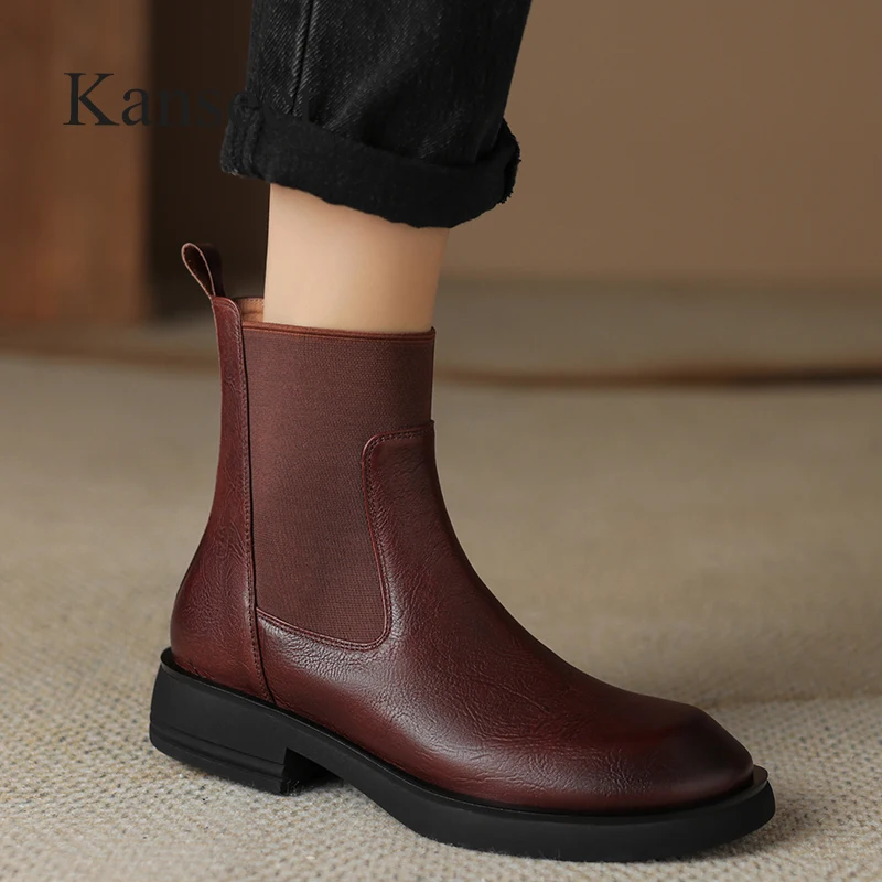 

Kanseet Women Ankle Boots Autumn Winter Round Toe High Quality Genuine Leather Shoes Daily Mid Heel Elastic Short Boots Brown 40
