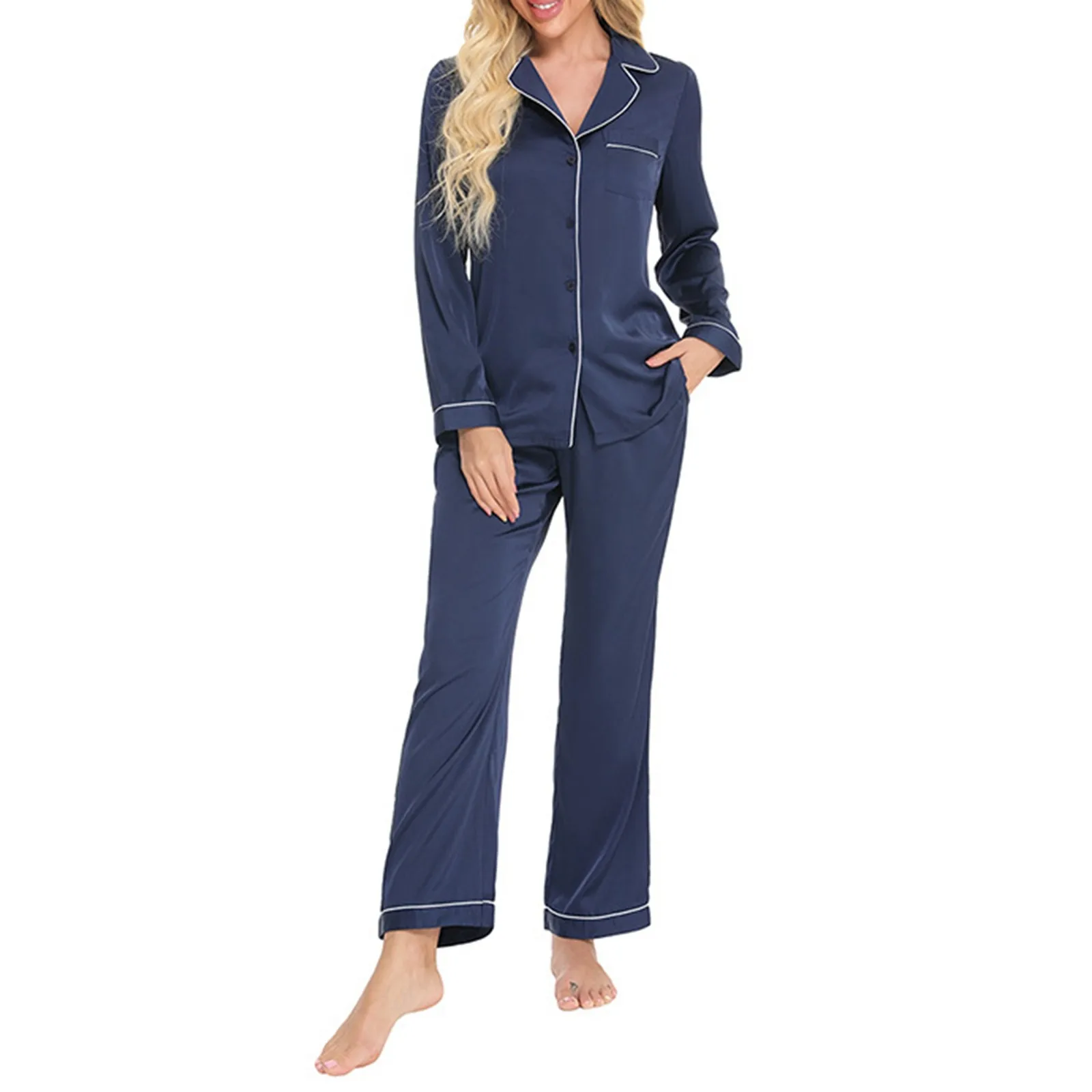 

Women's Silk Comfy Long Sleeve Pants Suit With Crepe Edge Lapel Homestay Pajamas Night Shirt Cotton