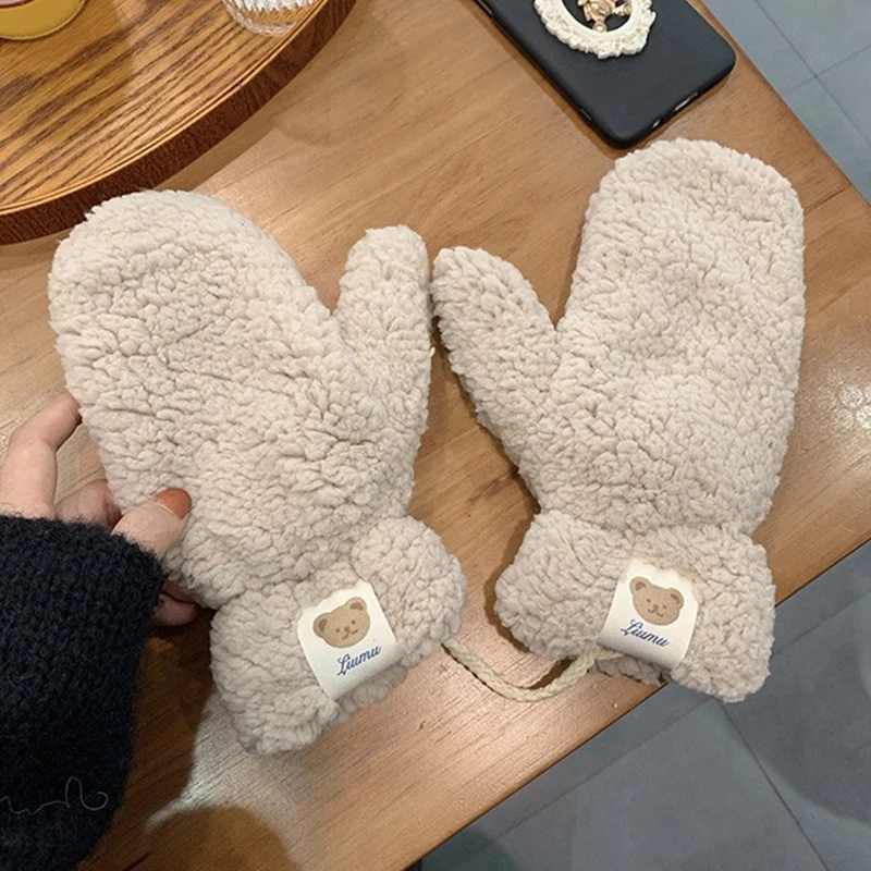 

New Plush Warm Gloves Soft Winter Thick Fingerless Korean Japanese Bear Gloves with Ropes Casual Outdoor Riding Warm Mittens
