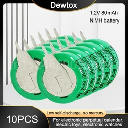 Batterie aste Ni-laissée avec broches à souder pour minuterie, jouet électrique à énergie solaire, calendrier lumineux, pile bouton, 1.2V, 80mAh, 10 pièces