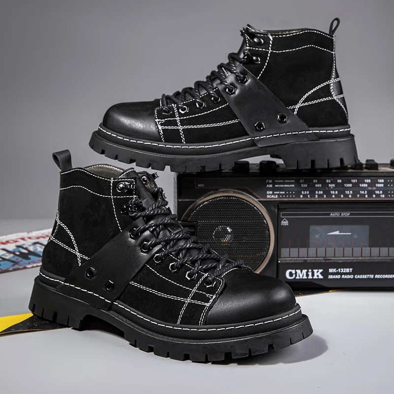 

Hot Selling Men's Genuine Leather Boots Winter Patchwork Fashion Men's Work Boots Handsome Motorcycle Boots Thick Soles