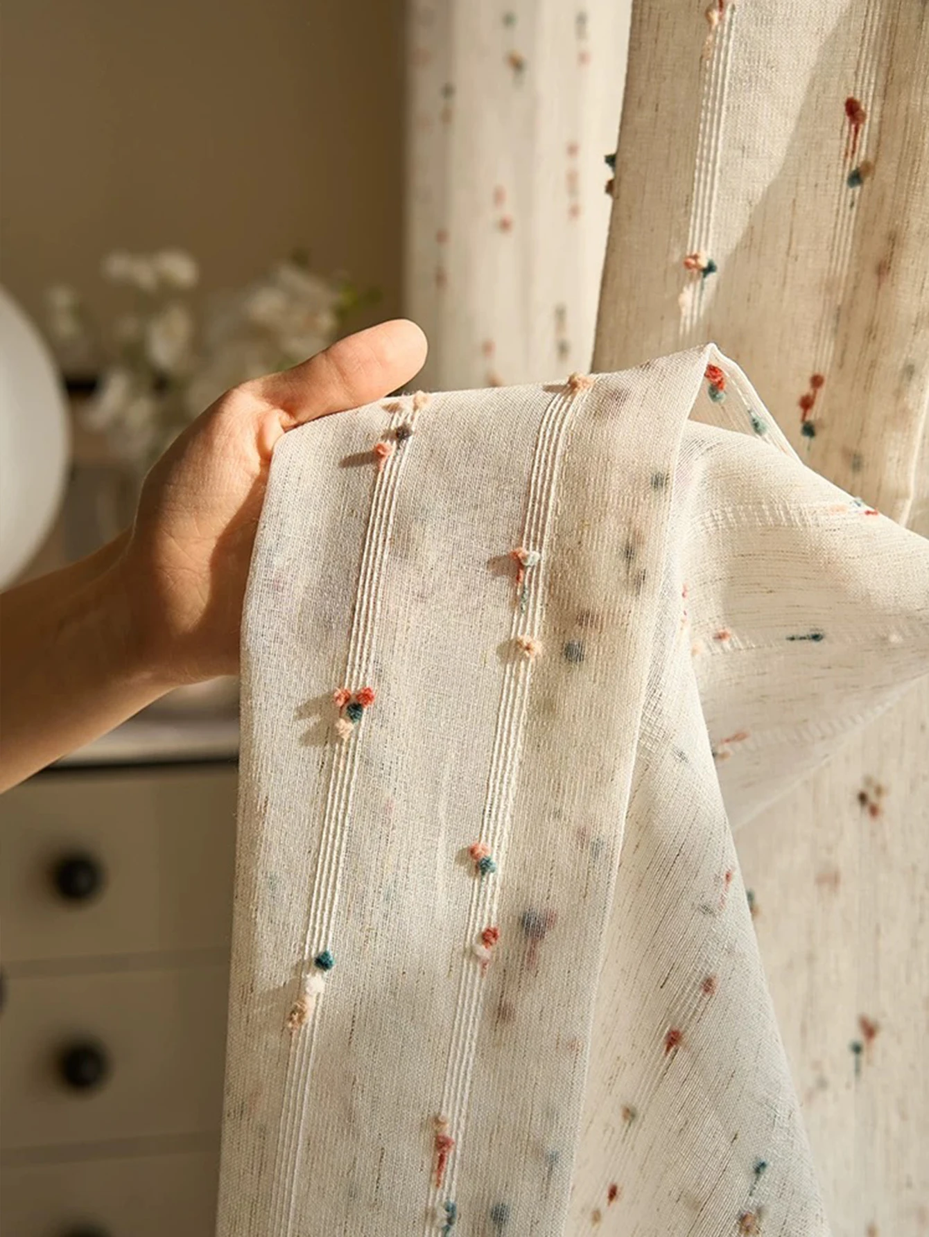 Vintage Linen Transparent Curtain - Rainbow Jelly Bean Design Easy to Hang Ideal for Bedroom  Living Room