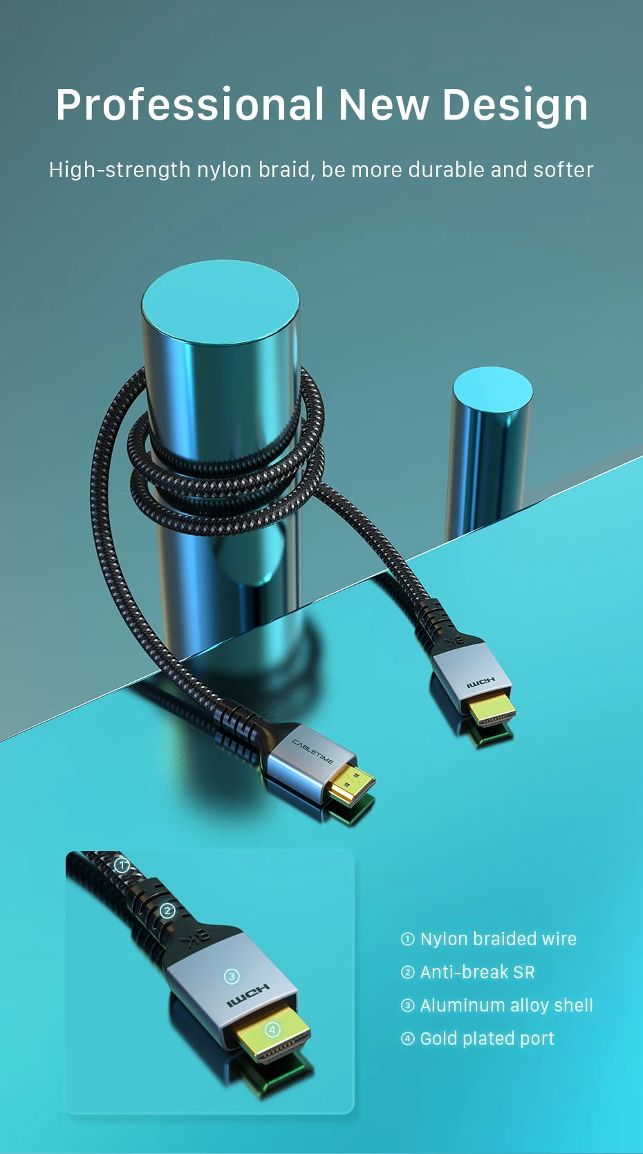 CABLETIME HDMI 2.1-Kabel 8K/60Hz 4K/144Hz 48Gbps Ultra-Slim Koaxiales HDMI-Videokabel für PS4 Macbook Air HDTVs 8K HDMI – Detail 9