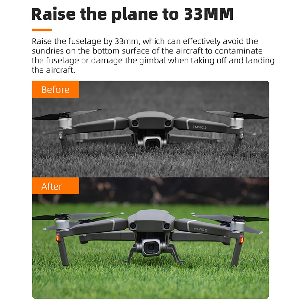 Train d'atterrissage pliable pour DJI Mavic 2 Zoom/Pro installé sur un drone, prêt à atterrir en toute sécurité sur diverses surfaces.